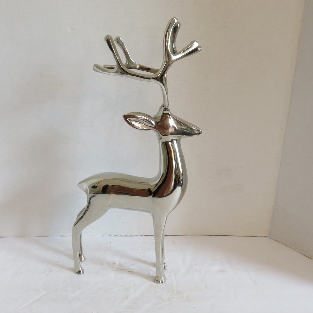 Modern Silver Polished Metal Reindeer Figurine 14 Inch Holiday Decor Stag Buck